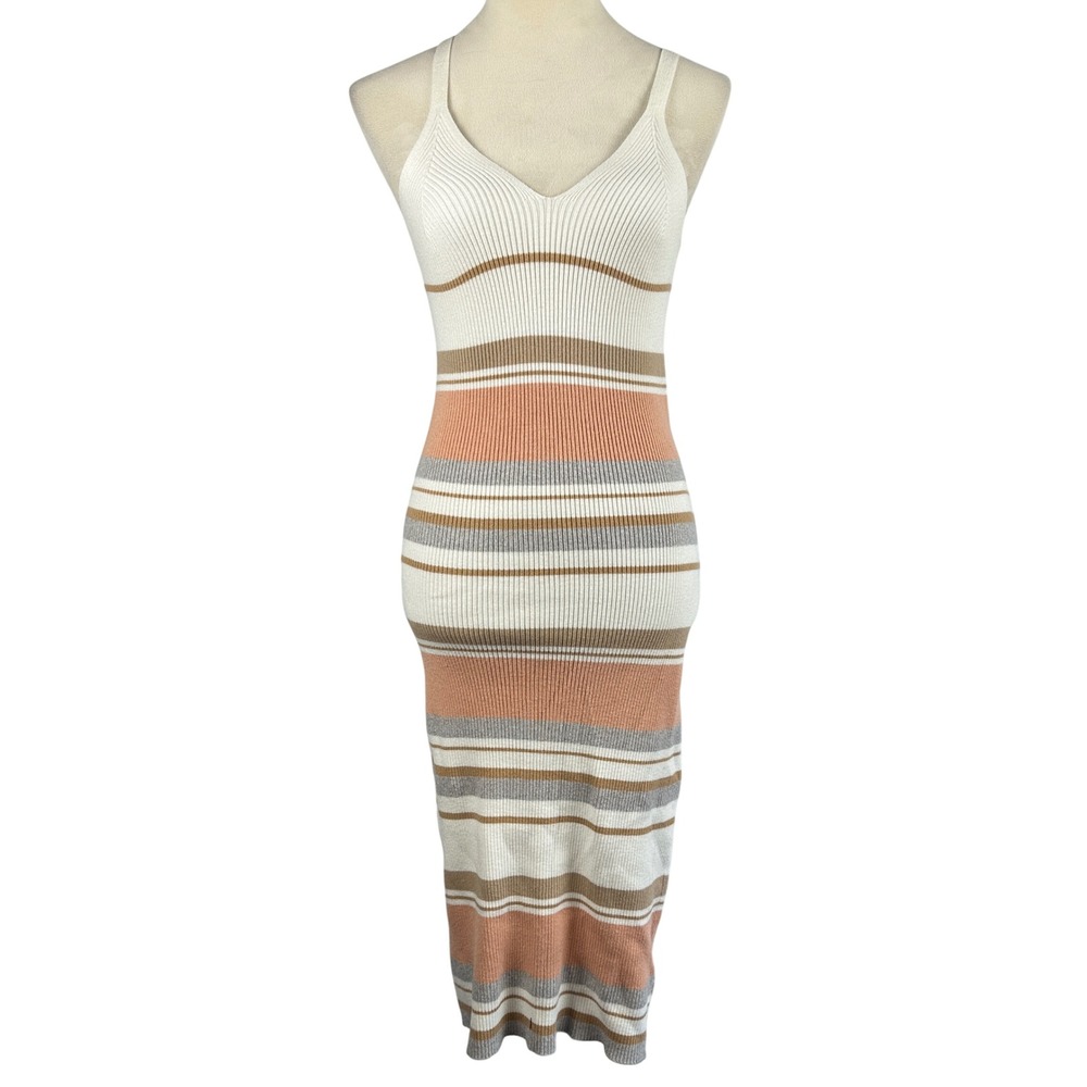 Striped Ribbed Knit Midi Dress‎ Spaghetti Strap V Neck Bodycon Womens Small